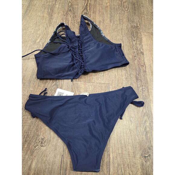 Cupshe NWT Navy Blue Green White Halter Top Corset Back Bikini Swim Set XL Suit - Picture 5 of 5